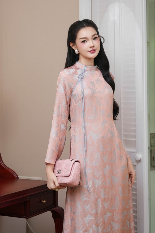 Sixdo Salmon Butterfly Silk Ao Dai